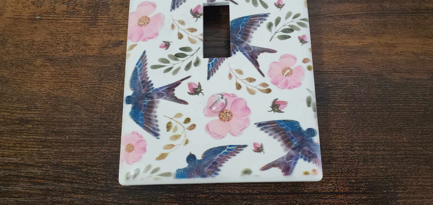 Blue Bird Swallow Floral Flowers Spring Printed in Color Light Switch Cover Plate Durable Baby Room Kids Room