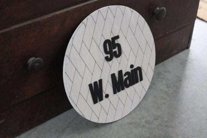 Custom Address Chevron Sign Your Address Name Here Laser Cut Layered Home Round Subway Tile Herringbone Made to Order Wooden Handmade