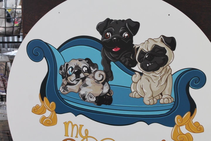 Groomer Pamper Pugs Personalized Waterproof Sign Smooth Round Circle Outdoor Ready for your Business Logo Great for hanging or wall mounted