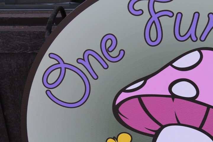 Greenhouse Mushroom Flowers Personalized Waterproof Sign Smooth Round Outdoor Ready for your Business Logo Great for hanging or wall mounted