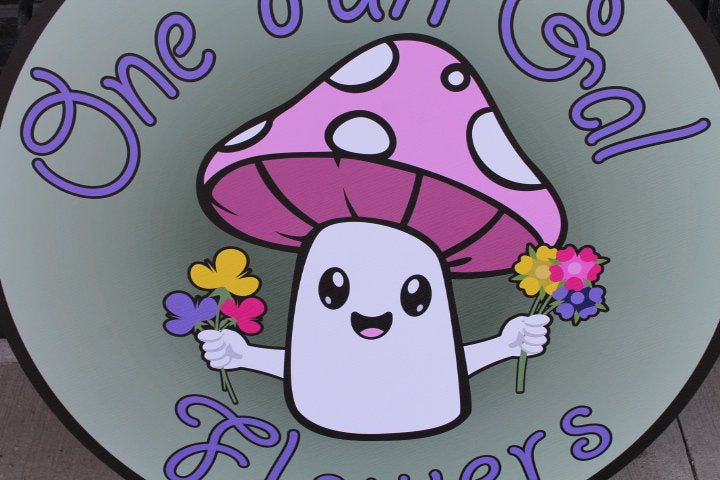 Greenhouse Mushroom Flowers Personalized Waterproof Sign Smooth Round Outdoor Ready for your Business Logo Great for hanging or wall mounted