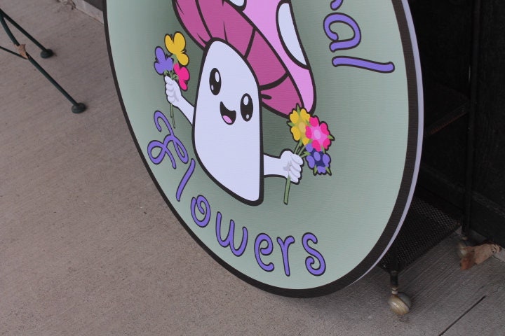 Greenhouse Mushroom Flowers Personalized Waterproof Sign Smooth Round Outdoor Ready for your Business Logo Great for hanging or wall mounted