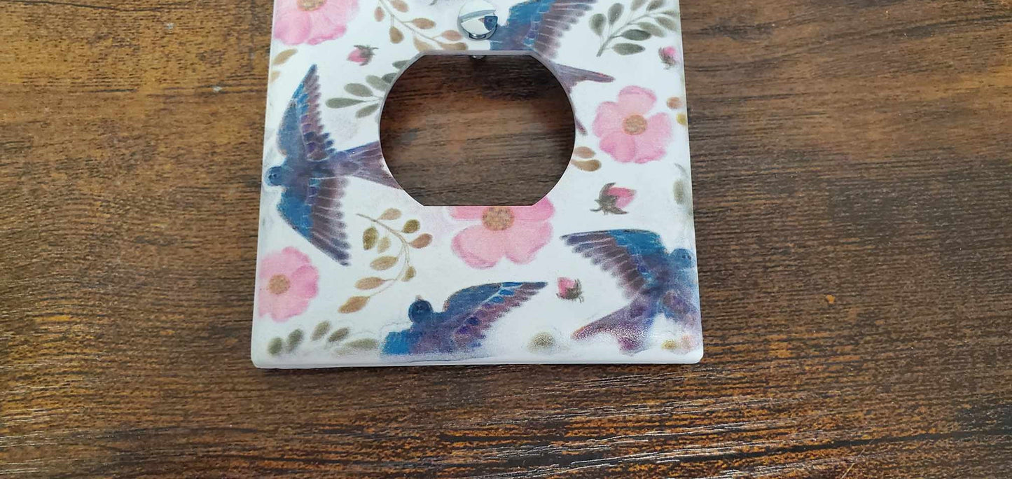 Blue Bird Swallow Floral Flowers Spring Printed in Color Light Switch Cover Plate Durable Baby Room Kids Room