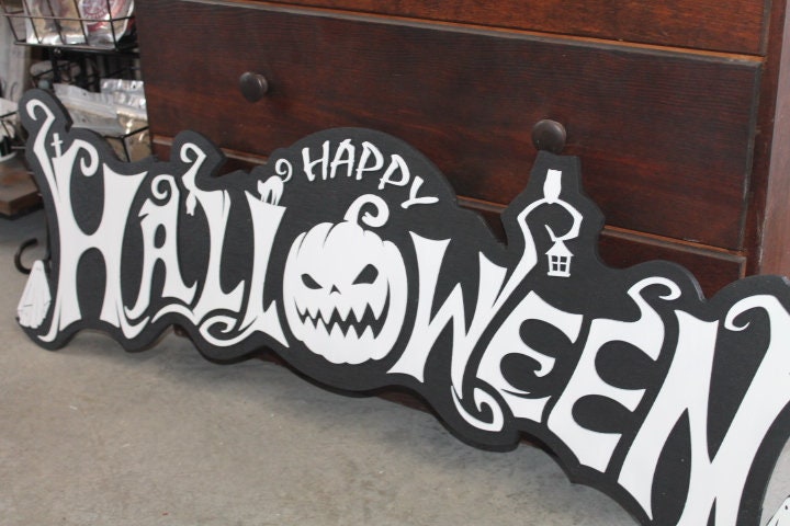 Halloween White and Black Jack O Lantern Ghost Sheet Boo Owl Wooden Decor Fall Autumn Decoration Sign Haunted Grave Yard Theme