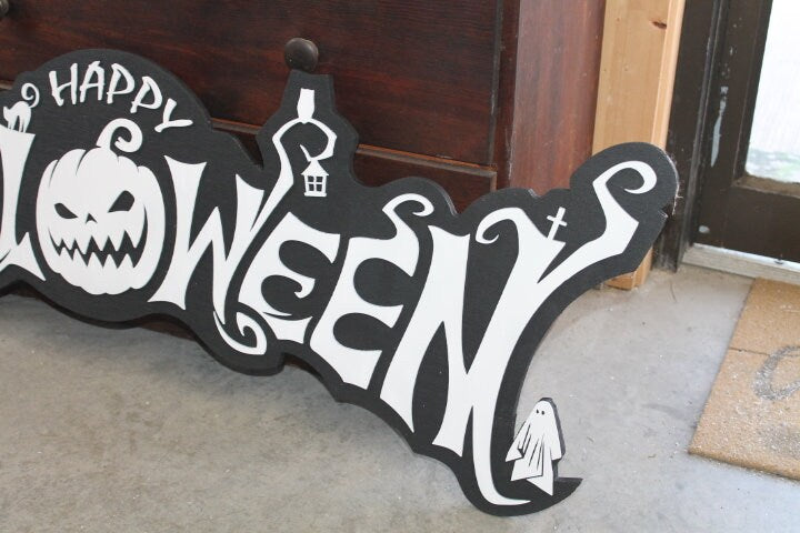 Halloween White and Black Jack O Lantern Ghost Sheet Boo Owl Wooden Decor Fall Autumn Decoration Sign Haunted Grave Yard Theme