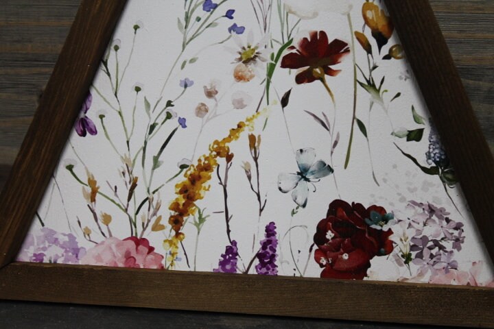 Floral Victorian Flowers Wildflowers Colorful Triangle Framed Printed Color Handmade Art Decor Wooden Sign Garden