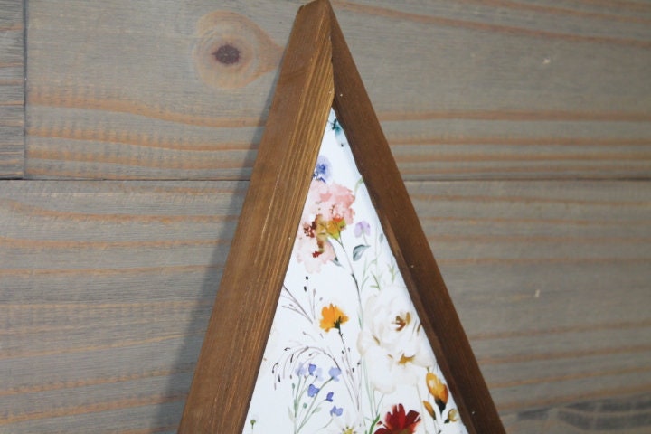 Floral Victorian Flowers Wildflowers Colorful Triangle Framed Printed Color Handmade Art Decor Wooden Sign Garden