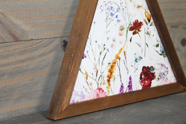Floral Victorian Flowers Wildflowers Colorful Triangle Framed Printed Color Handmade Art Decor Wooden Sign Garden