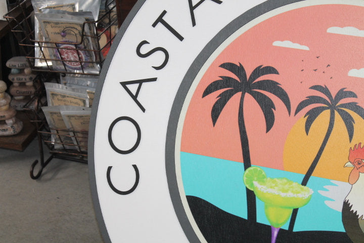 Custom Sign Rooster Drinks Retreat Round Coastal Country Business Commerical Signage Store Front Small Shop Logo Circle Wooden Handmade