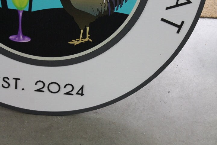 Custom Sign Rooster Drinks Retreat Round Coastal Country Business Commerical Signage Store Front Small Shop Logo Circle Wooden Handmade