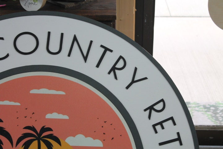 Custom Sign Rooster Drinks Retreat Round Coastal Country Business Commerical Signage Store Front Small Shop Logo Circle Wooden Handmade