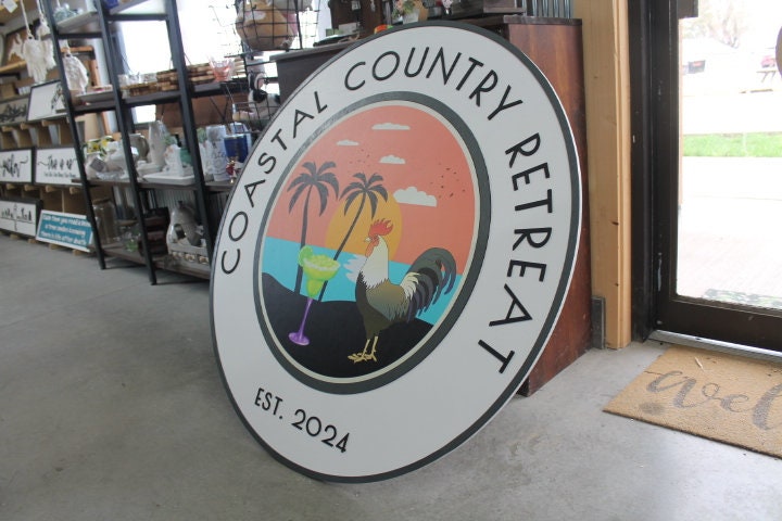 Custom Sign Rooster Drinks Retreat Round Coastal Country Business Commerical Signage Store Front Small Shop Logo Circle Wooden Handmade