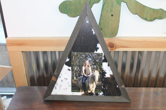 Triangle Custom Photo Sign with Cow Hyde Print Your Photo Personalized Western Cowboy Boho Wood Decoration Raised Senior Photo
