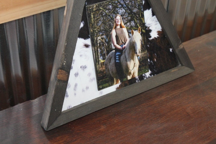 Triangle Custom Photo Sign with Cow Hyde Print Your Photo Personalized Western Cowboy Boho Wood Decoration Raised Senior Photo