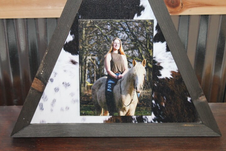 Triangle Custom Photo Sign with Cow Hyde Print Your Photo Personalized Western Cowboy Boho Wood Decoration Raised Senior Photo