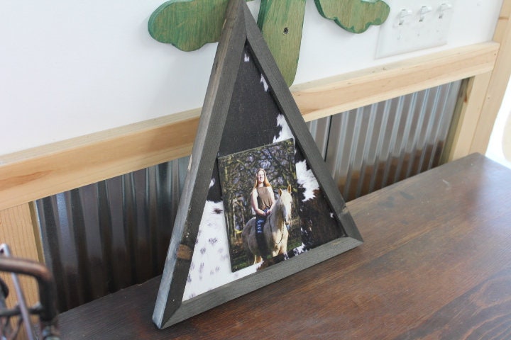 Triangle Custom Photo Sign with Cow Hyde Print Your Photo Personalized Western Cowboy Boho Wood Decoration Raised Senior Photo