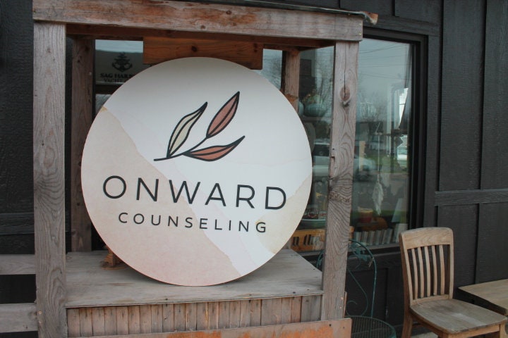 Custom Sign Counseling Leaf Onward Watercolor Print and Raised Round Business Commerical Signage Made to Order Logo Circle Wooden Handmade