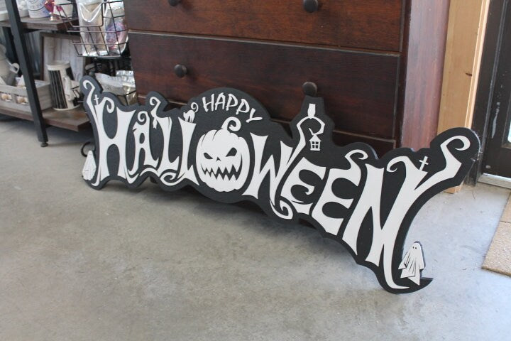 Halloween White and Black Jack O Lantern Ghost Sheet Boo Owl Wooden Decor Fall Autumn Decoration Sign Haunted Grave Yard Theme