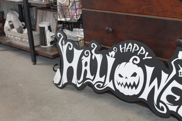 Halloween White and Black Jack O Lantern Ghost Sheet Boo Owl Wooden Decor Fall Autumn Decoration Sign Haunted Grave Yard Theme
