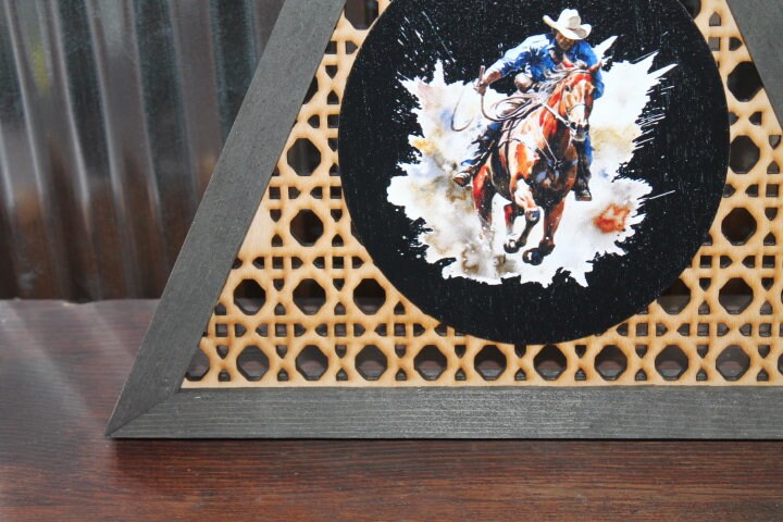 Cowboy Rattan Printed Country Cut out Bull Rider Roper Rodeo Triangle Handmade Framed 3D Handmade Art Decor Wooden Sign Raised Layered Sign