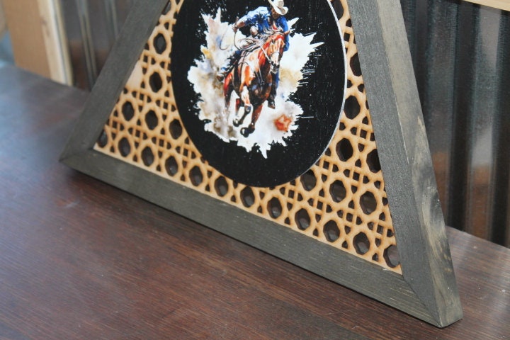 Cowboy Rattan Printed Country Cut out Bull Rider Roper Rodeo Triangle Handmade Framed 3D Handmade Art Decor Wooden Sign Raised Layered Sign