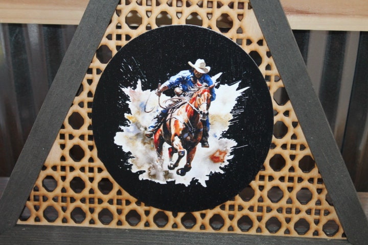 Cowboy Rattan Printed Country Cut out Bull Rider Roper Rodeo Triangle Handmade Framed 3D Handmade Art Decor Wooden Sign Raised Layered Sign