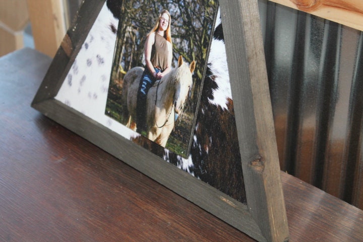 Triangle Custom Photo Sign with Cow Hyde Print Your Photo Personalized Western Cowboy Boho Wood Decoration Raised Senior Photo