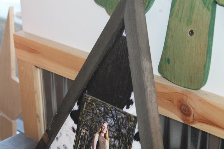 Triangle Custom Photo Sign with Cow Hyde Print Your Photo Personalized Western Cowboy Boho Wood Decoration Raised Senior Photo