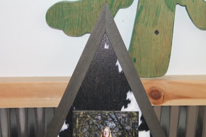 Triangle Custom Photo Sign with Cow Hyde Print Your Photo Personalized Western Cowboy Boho Wood Decoration Raised Senior Photo