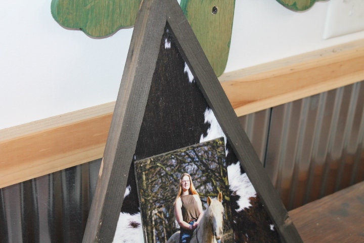 Triangle Custom Photo Sign with Cow Hyde Print Your Photo Personalized Western Cowboy Boho Wood Decoration Raised Senior Photo