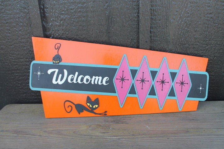 Welcome MCM Mid Century Modern Retro Cat Vintage Groovy Cultural Decade Swinging Bright Fun Diamond 3D Raised Handmade Wood Sign Decor