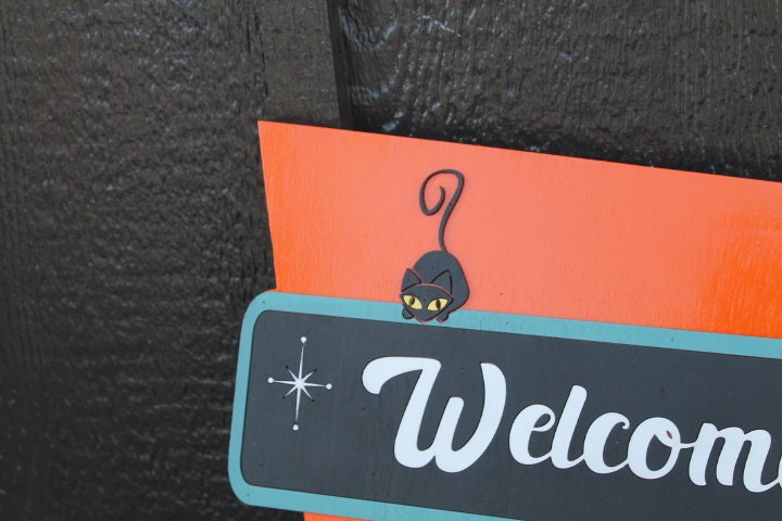 Welcome MCM Mid Century Modern Retro Cat Vintage Groovy Cultural Decade Swinging Bright Fun Diamond 3D Raised Handmade Wood Sign Decor