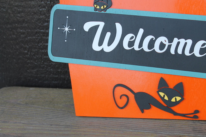 Welcome MCM Mid Century Modern Retro Cat Vintage Groovy Cultural Decade Swinging Bright Fun Diamond 3D Raised Handmade Wood Sign Decor