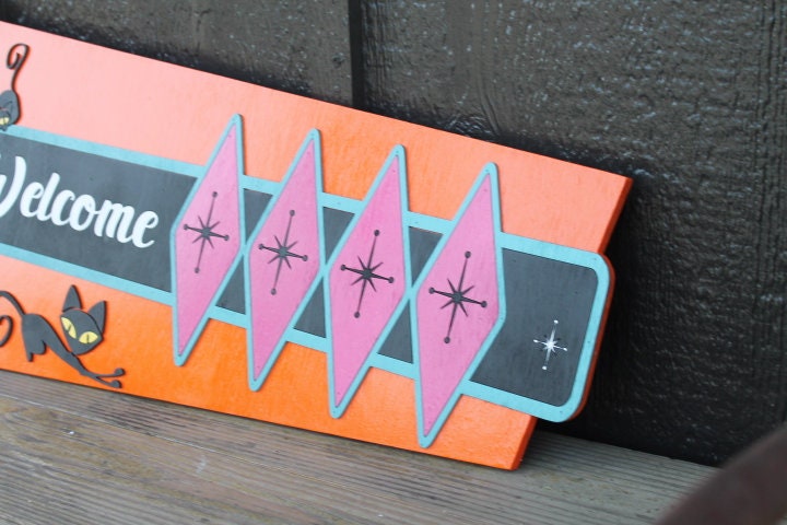 Welcome MCM Mid Century Modern Retro Cat Vintage Groovy Cultural Decade Swinging Bright Fun Diamond 3D Raised Handmade Wood Sign Decor