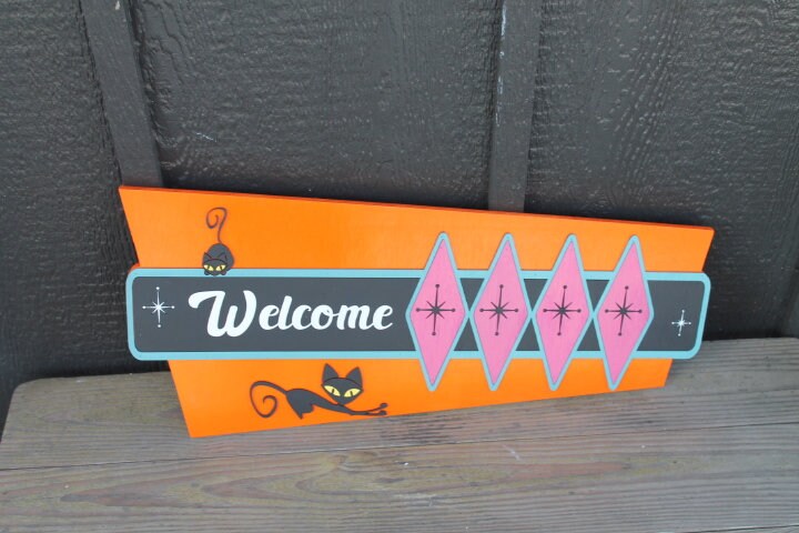 Welcome MCM Mid Century Modern Retro Cat Vintage Groovy Cultural Decade Swinging Bright Fun Diamond 3D Raised Handmade Wood Sign Decor