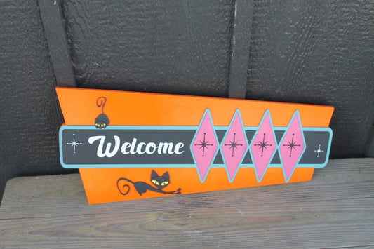 Welcome MCM Mid Century Modern Retro Cat Vintage Groovy Cultural Decade Swinging Bright Fun Diamond 3D Raised Handmade Wood Sign Decor