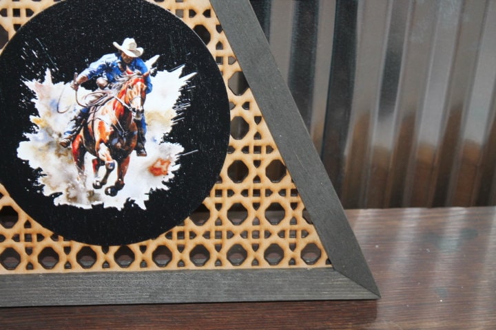Cowboy Rattan Printed Country Cut out Bull Rider Roper Rodeo Triangle Handmade Framed 3D Handmade Art Decor Wooden Sign Raised Layered Sign