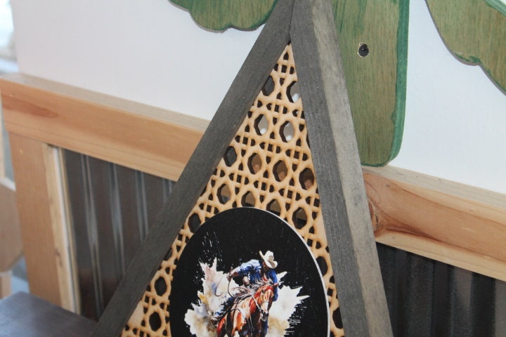 Cowboy Rattan Printed Country Cut out Bull Rider Roper Rodeo Triangle Handmade Framed 3D Handmade Art Decor Wooden Sign Raised Layered Sign