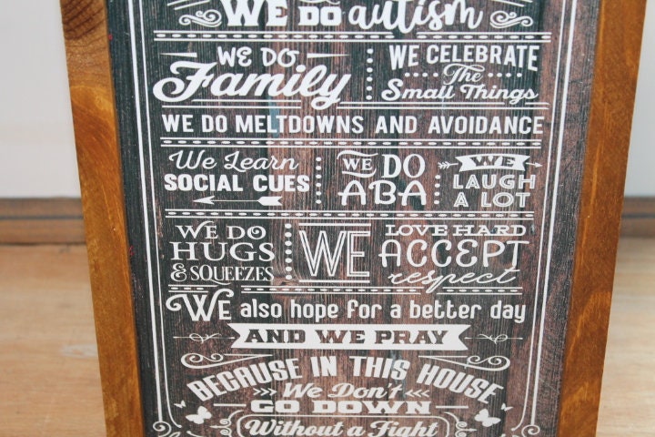 In This House We Do Autism Wood Sign Family Social Cues Celebrate ABA Hugs Prayer Wall Art Print Rustic Pallet Wood Hugs Love Meltdowns