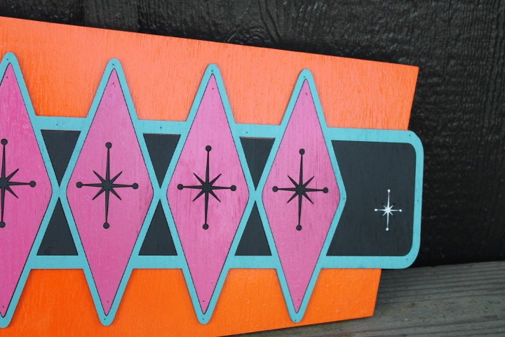 Welcome MCM Mid Century Modern Retro Cat Vintage Groovy Cultural Decade Swinging Bright Fun Diamond 3D Raised Handmade Wood Sign Decor