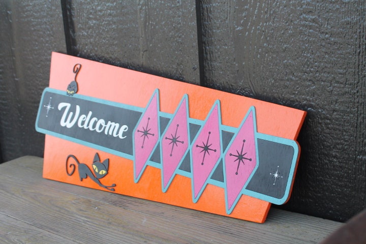 Welcome MCM Mid Century Modern Retro Cat Vintage Groovy Cultural Decade Swinging Bright Fun Diamond 3D Raised Handmade Wood Sign Decor