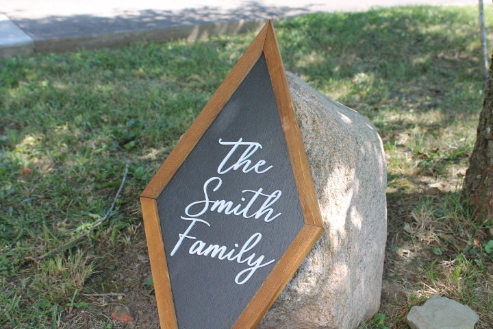 Family Diamond Sign Handmade 3D Raised cutout Framed Personalized Custom Signage Home Gift Wedding Gift Cursive Script