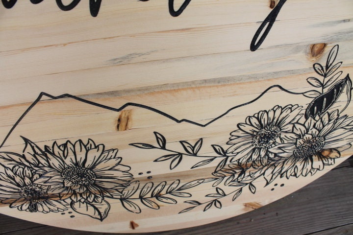 Salon Floral Sunflowers Wood Carved Engraved Color Filled Business Commerical Signage Your Logo Handmade Custom Pine Wood Round Sign