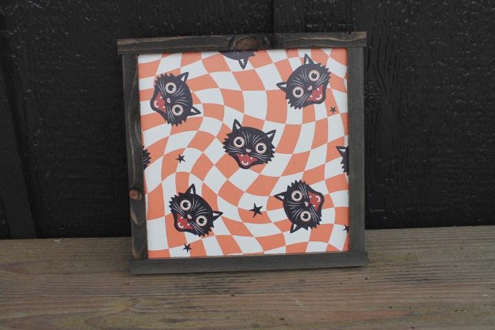 Black Cat Trippy Halloween Orange Cat Faces Fall Autumn Spooky Home Decor Printed Framed Design Wall Art