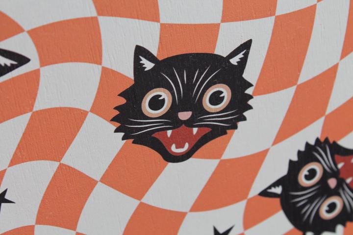 Black Cat Trippy Halloween Orange Cat Faces Fall Autumn Spooky Home Decor Printed Framed Design Wall Art