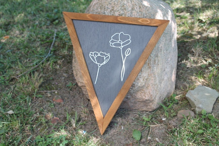 Flower Line Art Simple Floral Minimalist Black and White Triangle Framed 3D Handmade Art Decor Wooden Sign Raised Layered Sign
