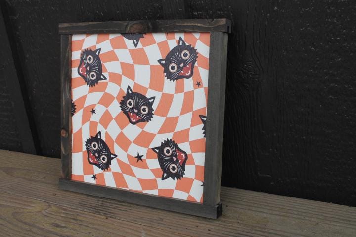 Black Cat Trippy Halloween Orange Cat Faces Fall Autumn Spooky Home Decor Printed Framed Design Wall Art