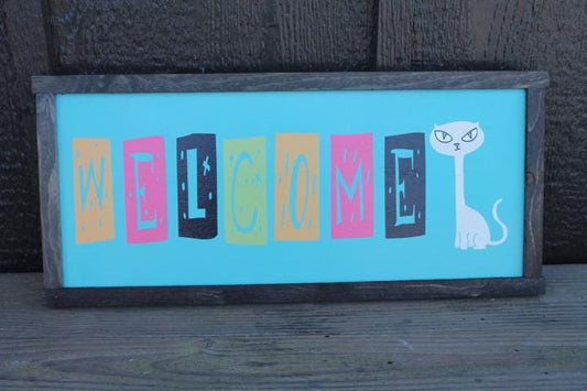 Retro Welcome Colorful Sign Cat Vintage MCM Cat Person Handmade Home Decor Inviting Entry Way Wooden Printed Signage