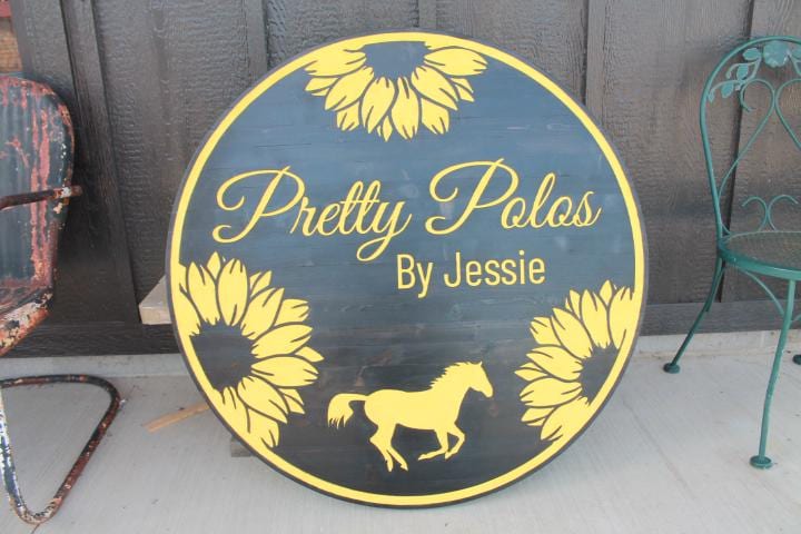 Custom Business Logo Engraved Sign Horse Sunflowers Design Black and Yellow Personalized Image Etched Running Horse Polo