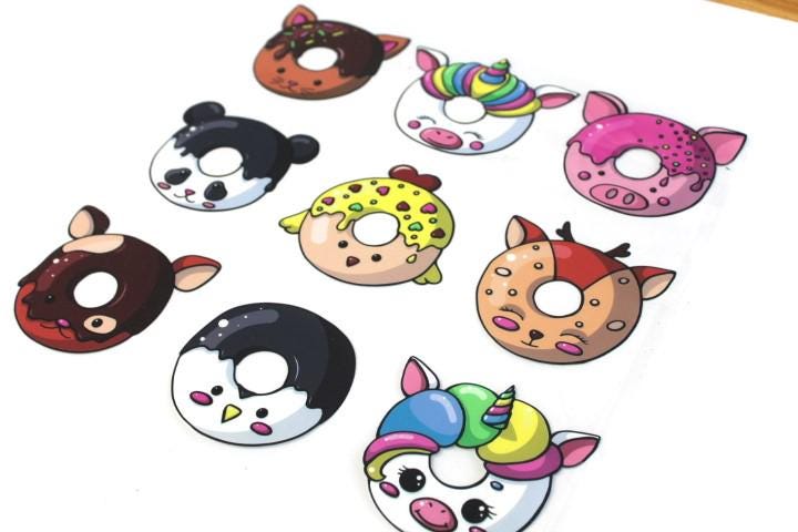 Donut Unicorn Animal Stickers Decals Waterproof Sheet Full Color Sticker Kids Bright Fun Pig Panda Chicken Window Deal Wall Sticker Thermos